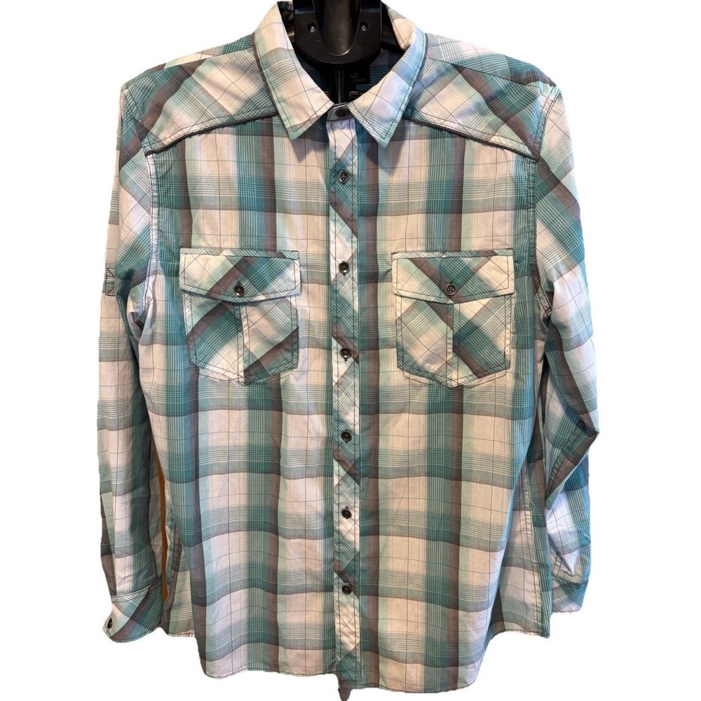 Rock & Republic Men's L Button Up Green Gray Plaid Roll Sleeves Western Cowboy